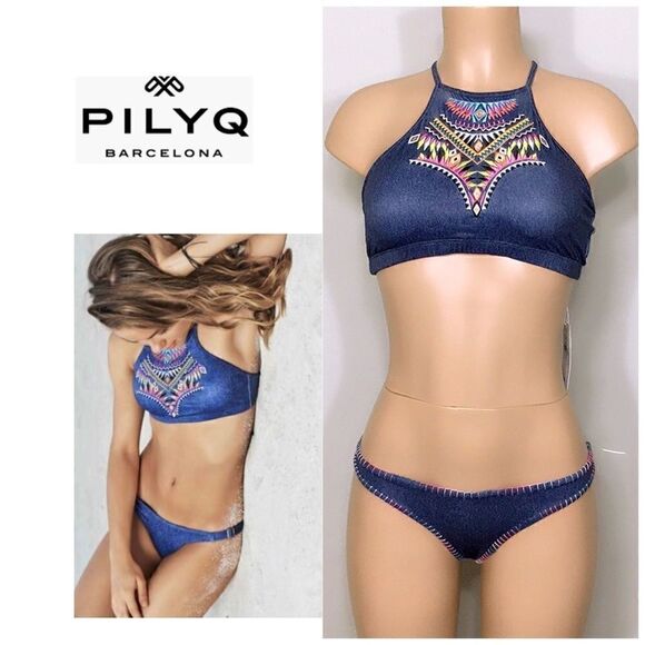 PILYQ Cayman Embroidered Gypsy halter bikini .D-cup/M-bottom NWT - Picture 1 of 11